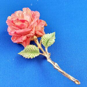 vintage mid century pink rose on  stem pin brooch